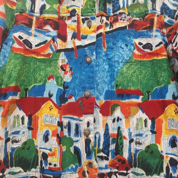 KAKTUS Women’s Multicolored Denim City Boats Jacket Button Up Pockets Size L - Picture 9 of 9